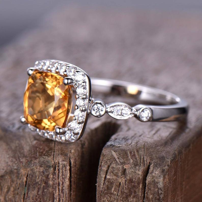 2.50 Ct Cushion Cut Yellow Citrine 925 Sterling Silver Halo Engagement Band Ring