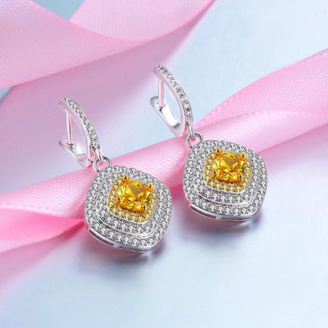 2.75 Ct Cushion Cut Yellow Citrine 925 Sterling Silver Double Halo Dangle Earrings