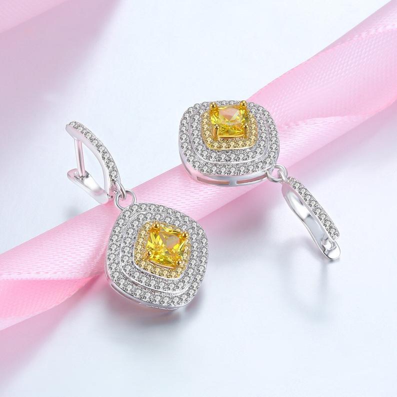 2.75 Ct Cushion Cut Yellow Citrine 925 Sterling Silver Double Halo Dangle Earrings