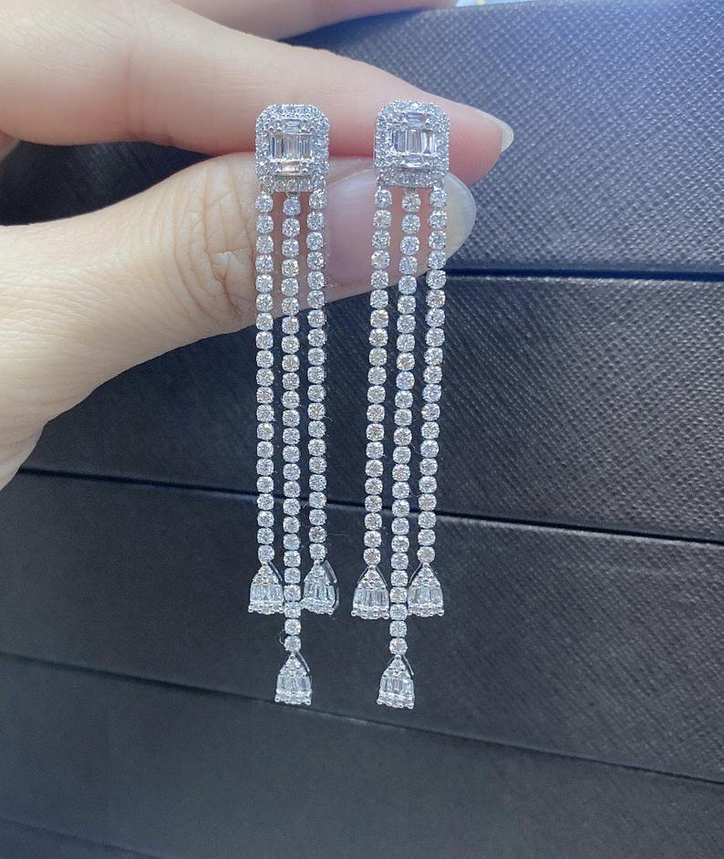 4.75 Ct Baguette & Round Cut Diamond 925 Sterling Silver Wedding Dangle Earrings