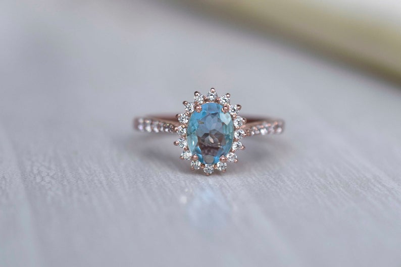 2 CT Oval Cut Blue Topaz Diamond 925 Sterling Silver Halo Engagement Ring,