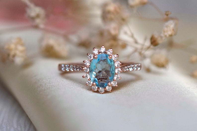 2 CT Oval Cut Blue Topaz Diamond 925 Sterling Silver Halo Engagement Ring,