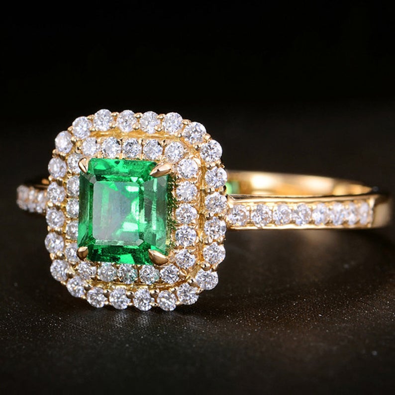 1 CT Emerald Cut Emerald Diamond Yellow Gold Over On 925 Sterling Silver Women Double Halo Engagement Ring