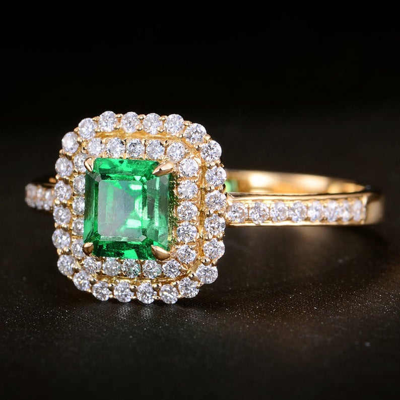 1 CT Emerald Cut Emerald Diamond Yellow Gold Over On 925 Sterling Silver Women Double Halo Engagement Ring
