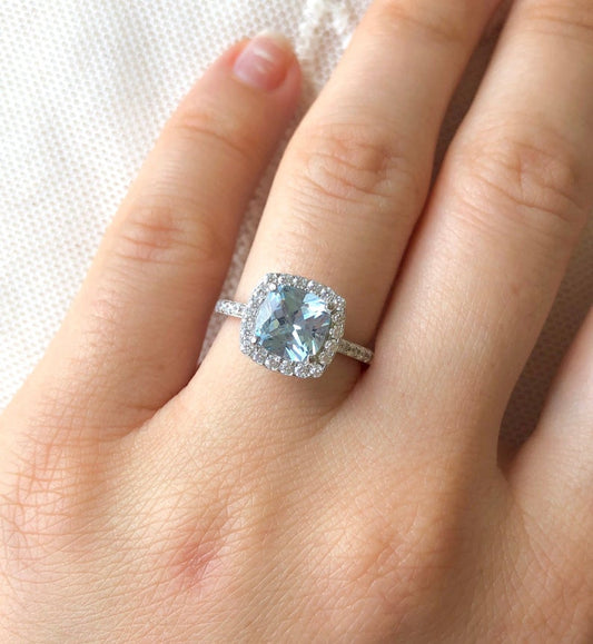 1 CT Cushion Cut Aquamarine Diamond 925 Sterling Silver Halo Engagement Ring