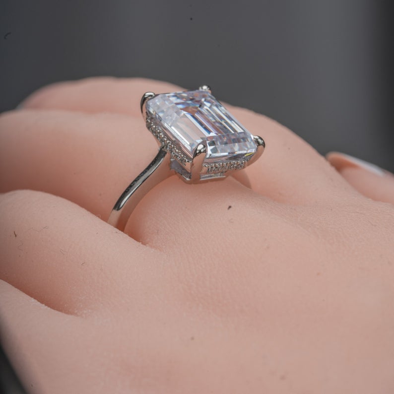 1 CT Emerald Cut White Gold Over On 925 Sterling Silver Solitaire With Accents Promise Ring