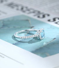 1 CT Cushion Cut Aquamarine Diamond White Gold Over On 925 Sterling Silver Halo Wedding Gift Ring For Women