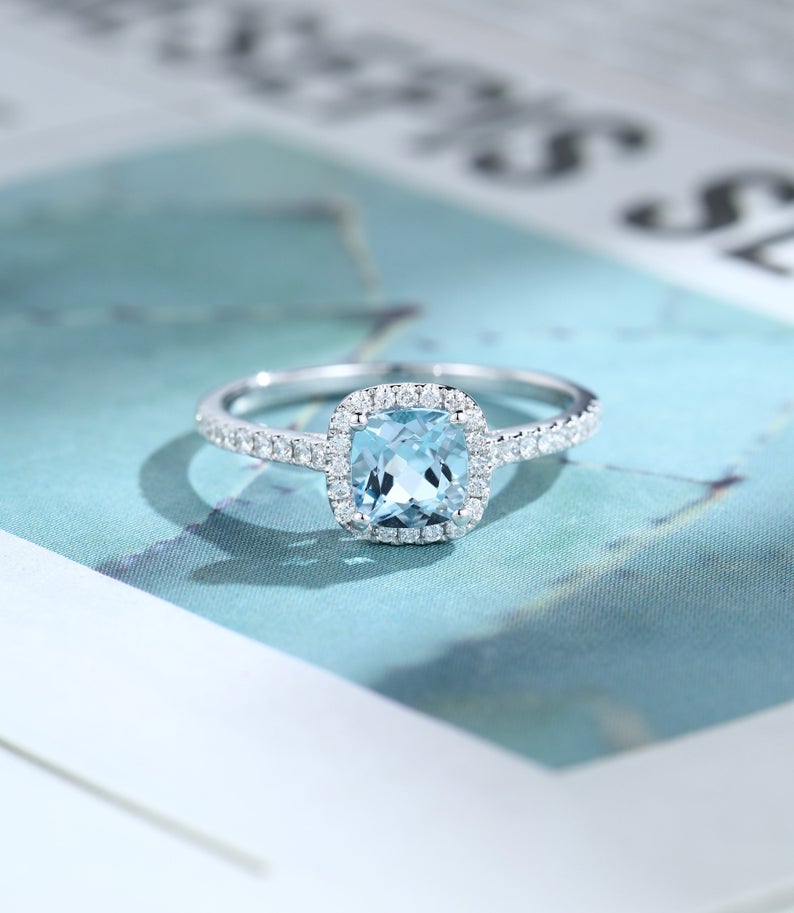 1 CT Cushion Cut Aquamarine Diamond 925 Sterling Silver Engagement Ring