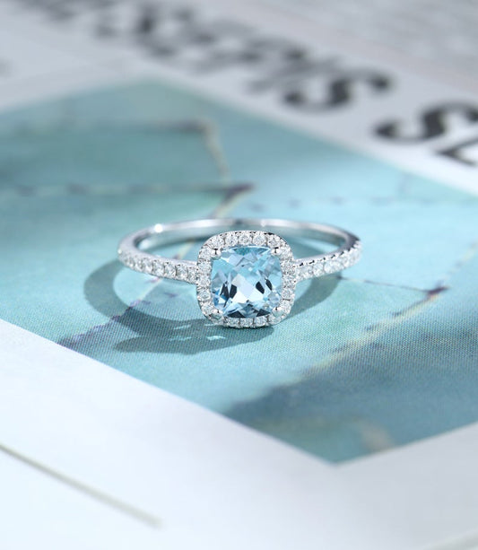 1 CT Cushion Cut Aquamarine Diamond 925 Sterling Silver Engagement Ring