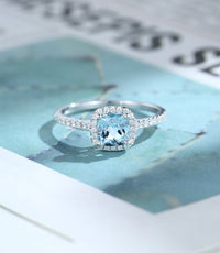 1 CT Cushion Cut Aquamarine Diamond White Gold Over On 925 Sterling Silver Halo Wedding Gift Ring For Women