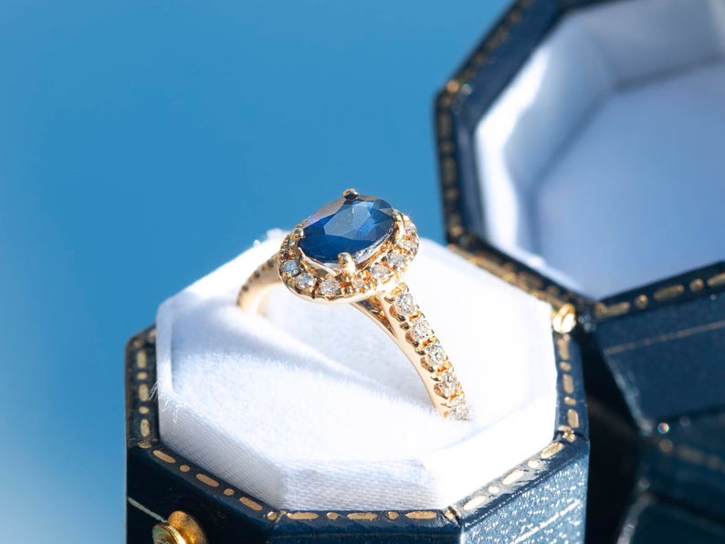 1 CT Oval Cut Blue Sapphire Diamond 925 Sterling Silver Halo Women Wedding Ring