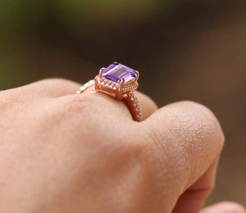 1 CT Emerald Cut Amethyst Diamond 925 Sterling Silver Halo Women Promise Ring