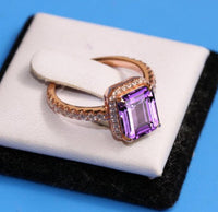 1 CT Emerald Cut Amethyst Diamond 925 Sterling Silver Halo Women Promise Ring