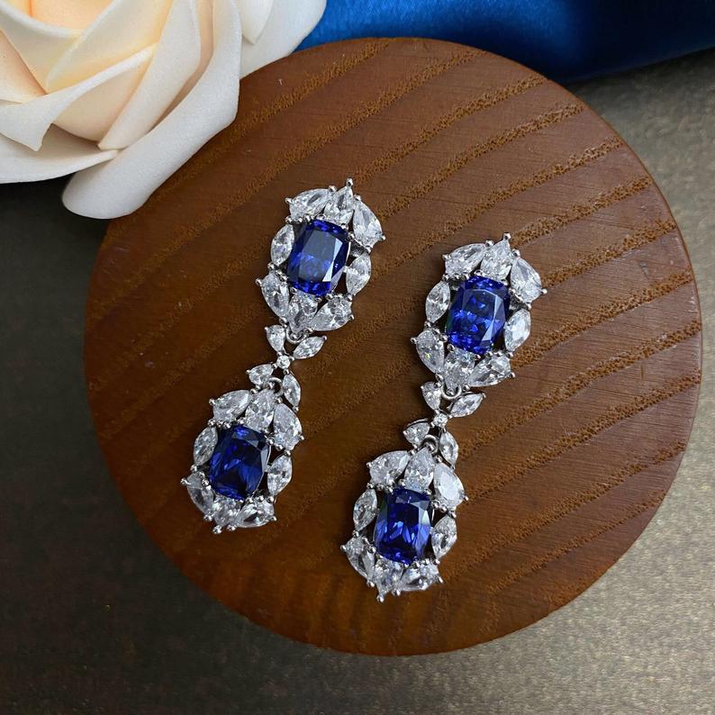 4.50 Ct Cushion Cut Blue Sapphire Engagement Wedding Dangle Earrings In 925 Sterling Silver