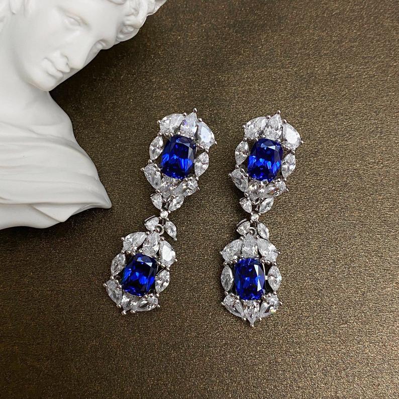 4.50 Ct Cushion Cut Blue Sapphire Engagement Wedding Dangle Earrings In 925 Sterling Silver