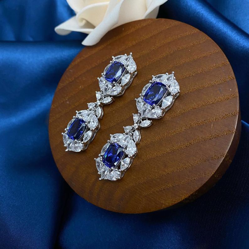 4.50 Ct Cushion Cut Blue Sapphire Engagement Wedding Dangle Earrings In 925 Sterling Silver