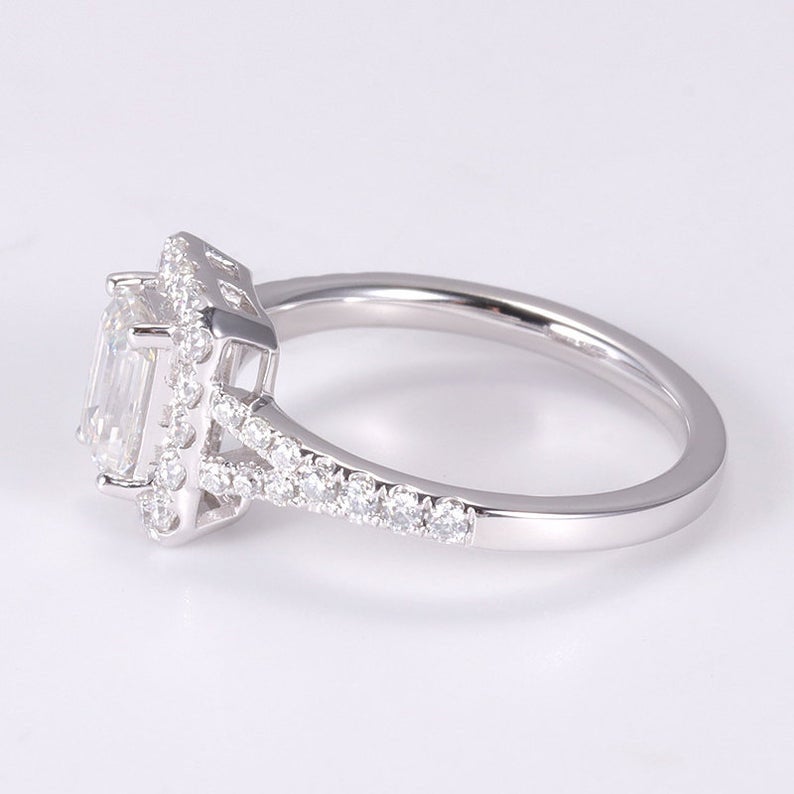 2 CT Emerald Cut White Diamond White Gold Over On 925 Sterling Silver Halo Wedding Ring