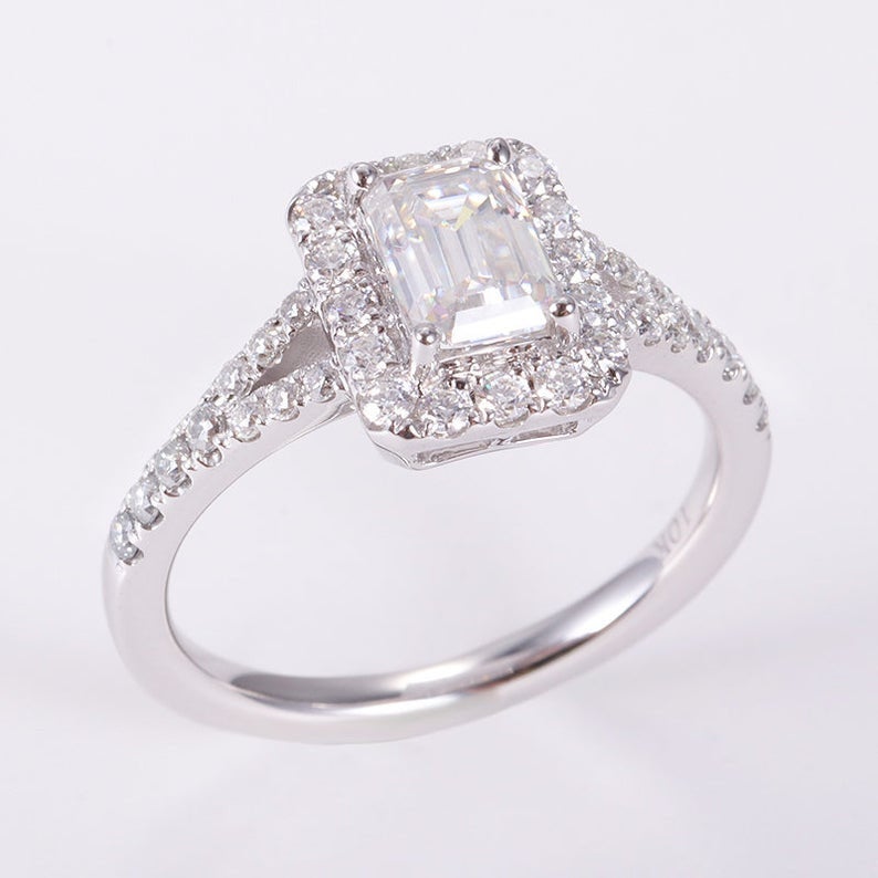 2 CT Emerald Cut White Diamond White Gold Over On 925 Sterling Silver Halo Wedding Ring