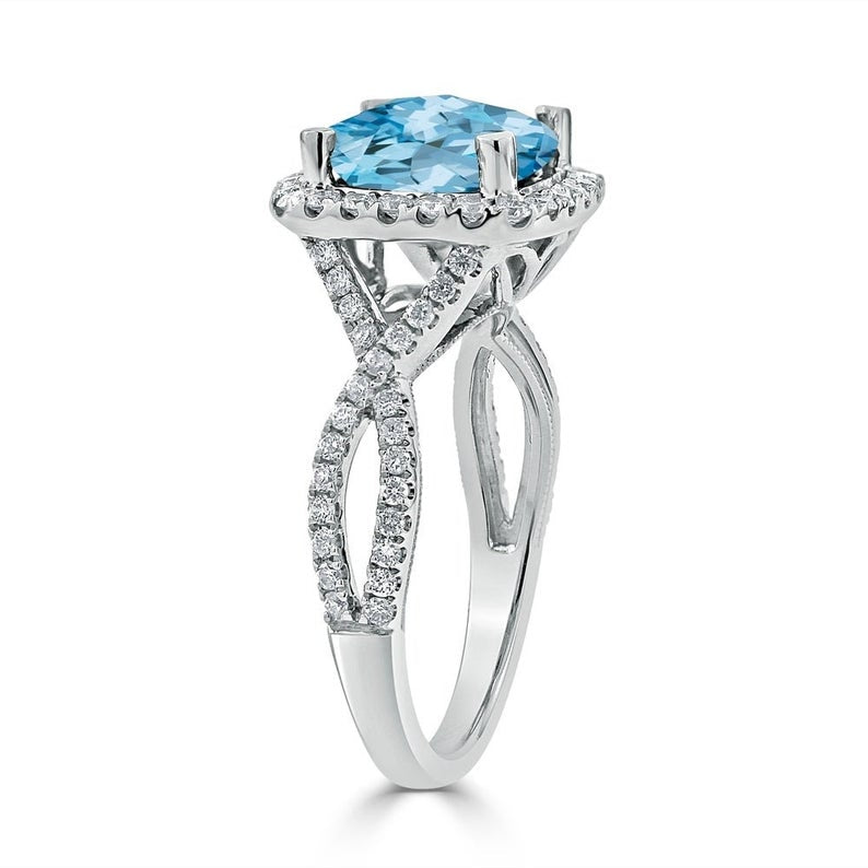 2 CT Cushion Cut Blue Topaz Diamond 925 Sterling Silver Halo Anniversary Gift Ring