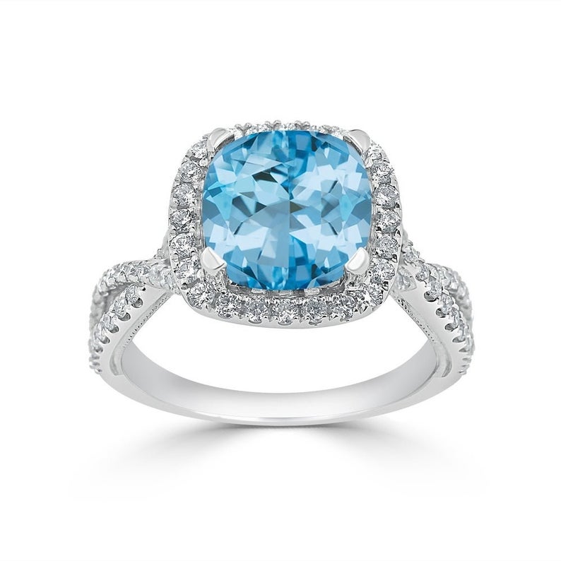 2 CT Cushion Cut Blue Topaz Diamond 925 Sterling Silver Halo Anniversary Gift Ring