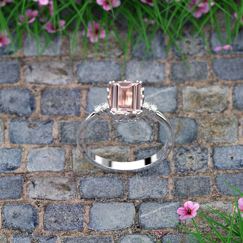 1.85 CT Emerald Cut Morganite Diamond Rose Gold Over On 925 Sterling Silver Solitaire With Accents Ring