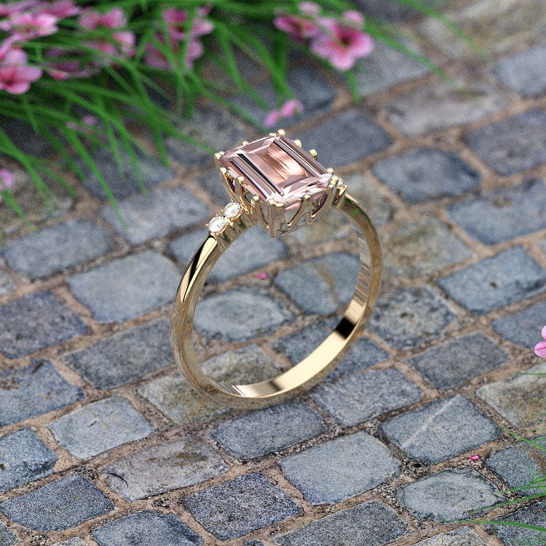 1.85 CT Emerald Cut Morganite Diamond Rose Gold Over On 925 Sterling Silver Solitaire With Accents Ring