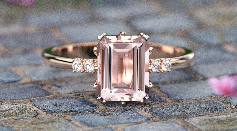 1.85 CT Emerald Cut Morganite Diamond Rose Gold Over On 925 Sterling Silver Solitaire With Accents Ring