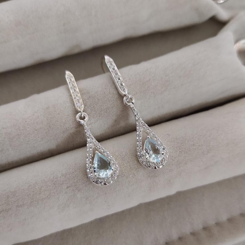 2.75 Ct Pear Cut Blue Aquamarine 925 Sterling Silver Anniversary Gift Drop/Dangle Earrings