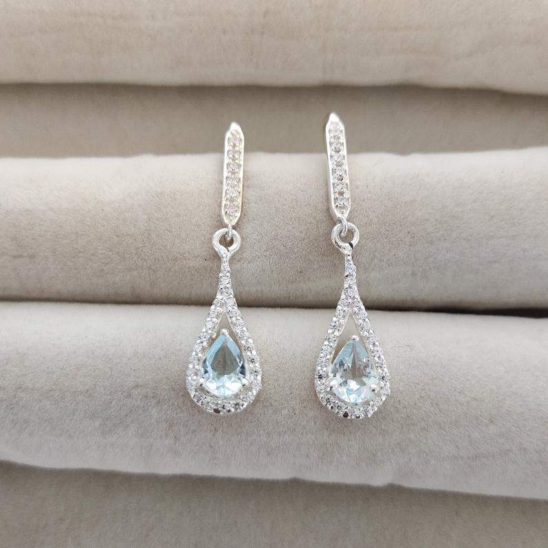 2.75 Ct Pear Cut Blue Aquamarine 925 Sterling Silver Anniversary Gift Drop/Dangle Earrings