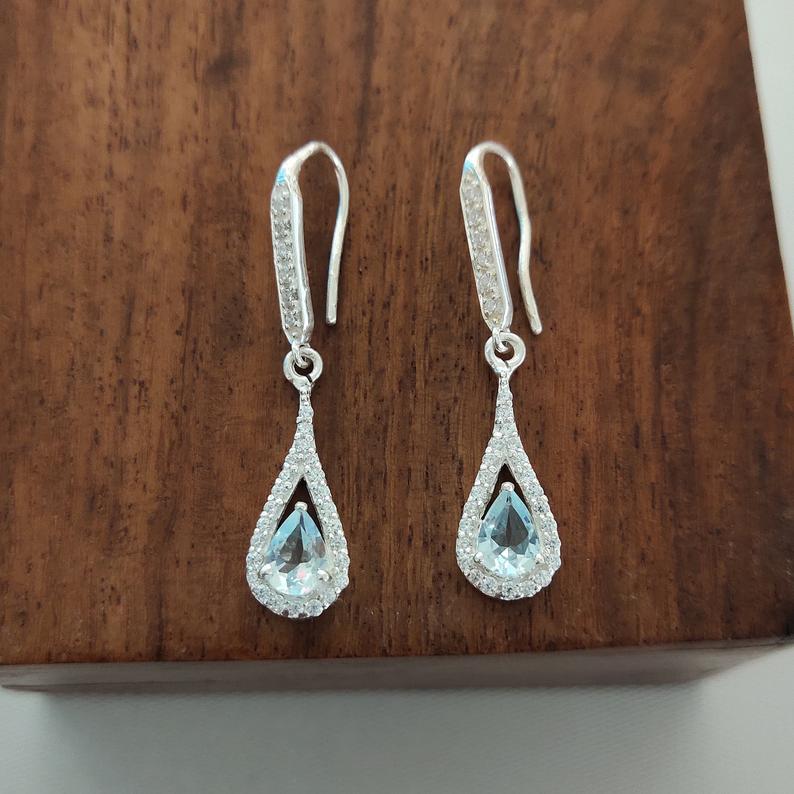 2.75 Ct Pear Cut Blue Aquamarine 925 Sterling Silver Anniversary Gift Drop/Dangle Earrings