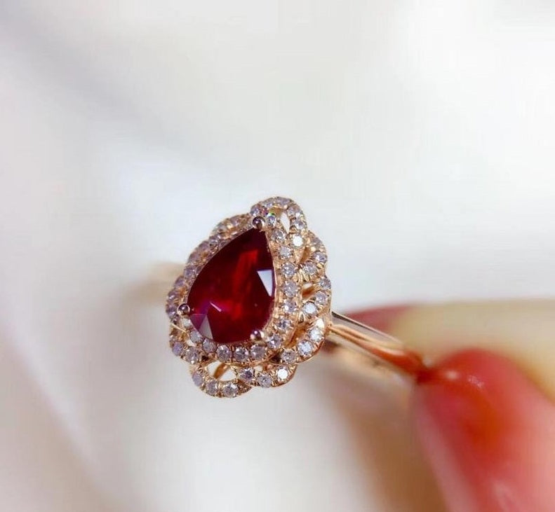 2.75 CT Pear Cut Red Ruby Rose Gold Over On 925 Sterling Silver Halo Engagement Ring