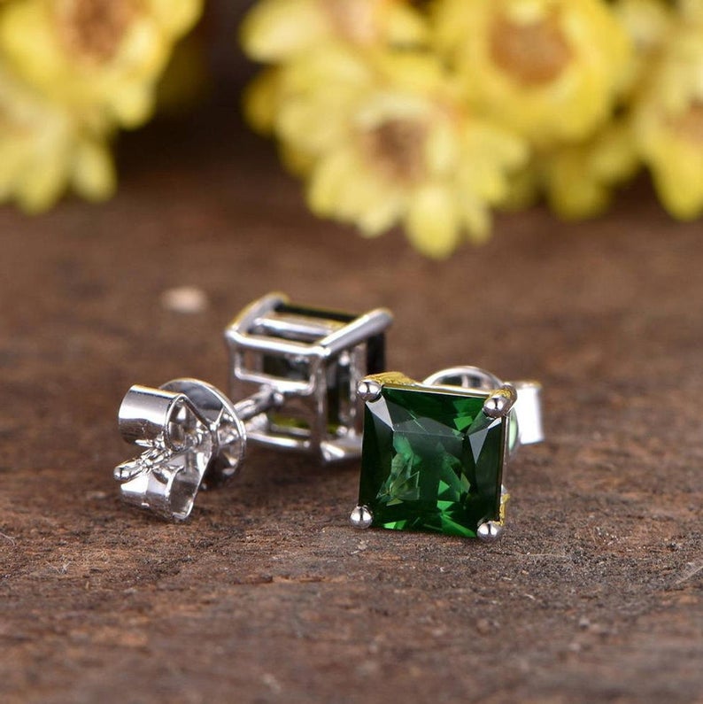 2.00 Ct Princess Cut Green Emerald Solitaire Push Back Stud Earrings In 925 Sterling Silver