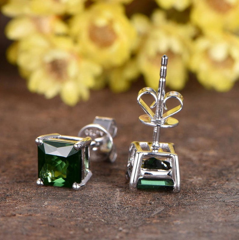 2.00 Ct Princess Cut Green Emerald Solitaire Push Back Stud Earrings In 925 Sterling Silver