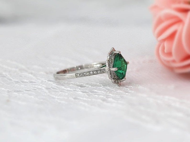 2 CT Cushion Cut Emerald Diamond 925 Sterling Silver Halo Women's Wedding Ring