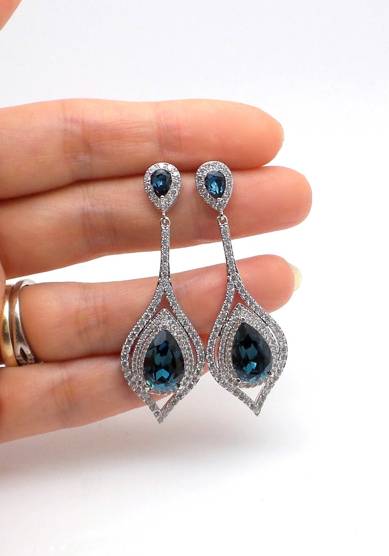 3.50 Ct Pear Cut London Blue Topaz 925 Sterling Silver Wedding Bridesmaid Bridal Earrings