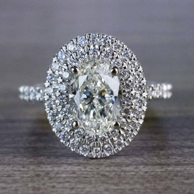 1 CT Oval Cut Diamond White Gold Over On 925 Sterling Silver Double Halo Engagement Ring