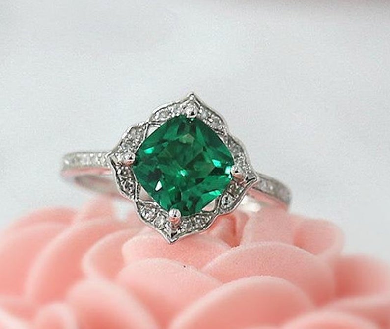 2 CT Cushion Cut Emerald Diamond 925 Sterling Silver Halo Women's Wedding Ring