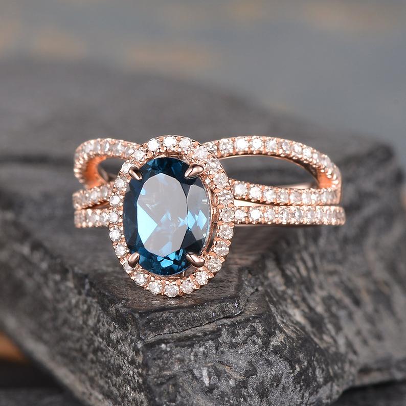 1 CT Oval Cut London Blue Topaz Diamond Rose Gold Over On 925 Sterling Silver Halo Infinity Band Bridal Ring Set