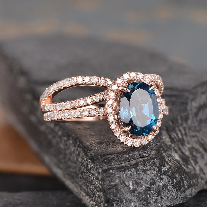 1 CT Oval Cut London Blue Topaz Diamond Rose Gold Over On 925 Sterling Silver Halo Infinity Band Bridal Ring Set