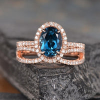 1 CT Oval Cut London Blue Topaz Diamond Rose Gold Over On 925 Sterling Silver Halo Infinity Band Bridal Ring Set