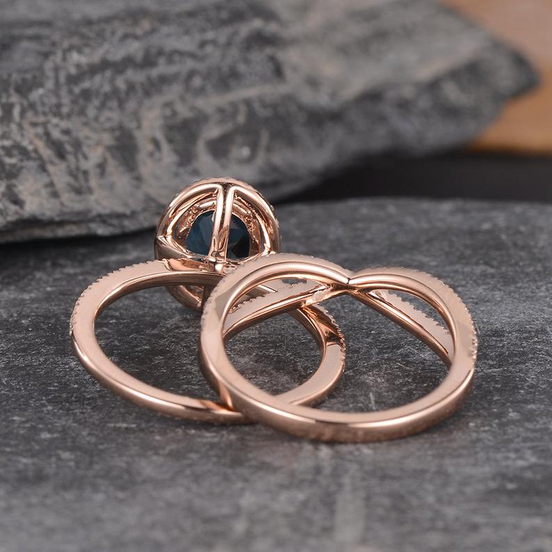 1 CT Oval Cut London Blue Topaz Diamond Rose Gold Over On 925 Sterling Silver Halo Infinity Band Bridal Ring Set