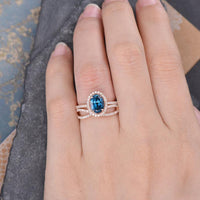 1 CT Oval Cut London Blue Topaz Diamond Rose Gold Over On 925 Sterling Silver Halo Infinity Band Bridal Ring Set