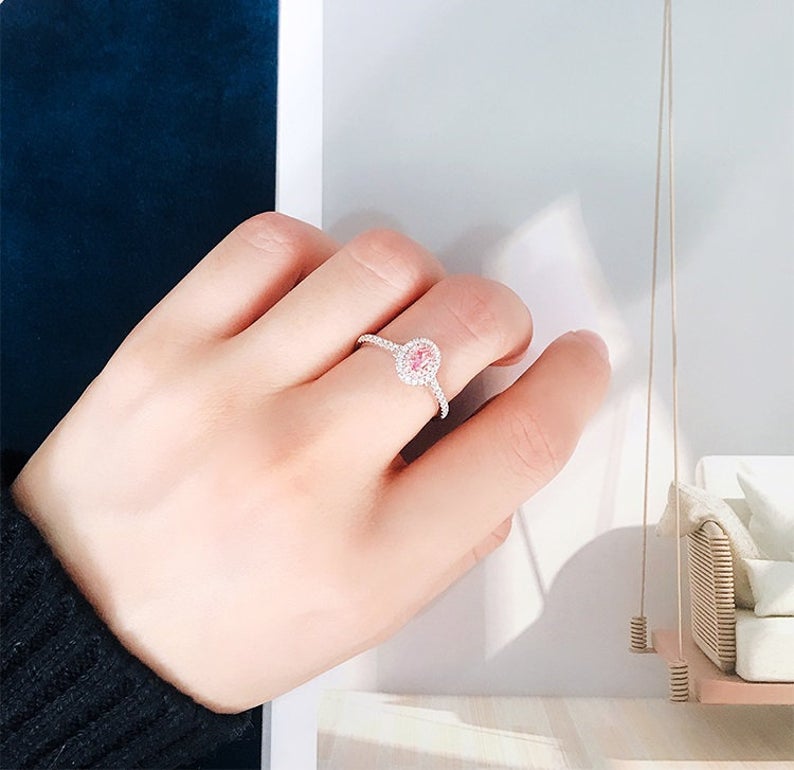 1 CT Oval Cut Pink Sapphire Diamond White Gold Over On 925 Sterling Silver Double Halo Promise Ring