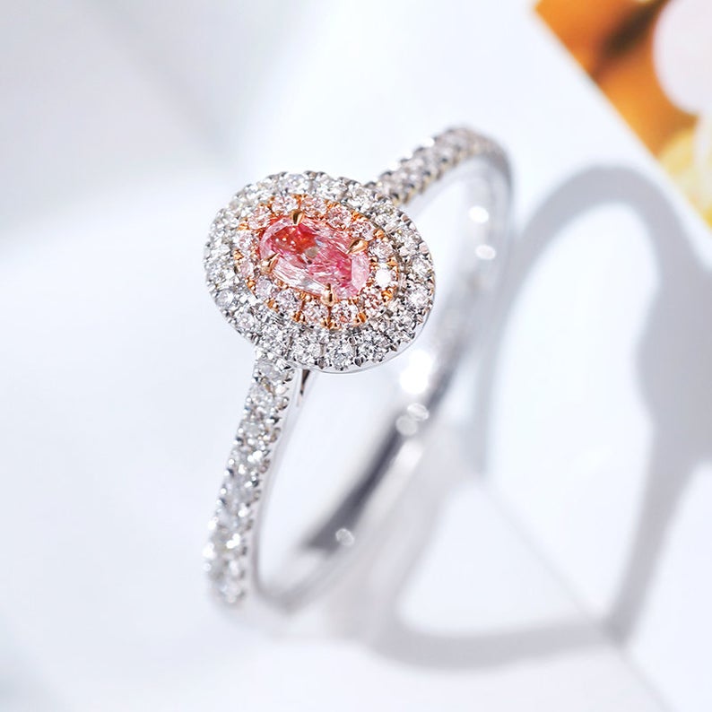 1 CT Oval Cut Pink Sapphire Diamond White Gold Over On 925 Sterling Silver Double Halo Promise Ring