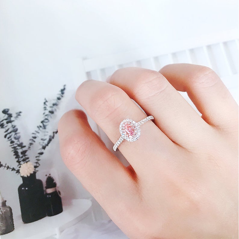 1 CT Oval Cut Pink Sapphire Diamond White Gold Over On 925 Sterling Silver Double Halo Promise Ring