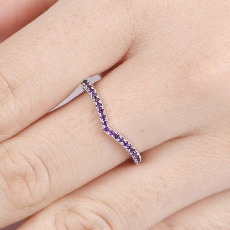 1 CT Round Cut Amethyst Diamond 925 Sterling Silver Curved Half Eternity Wedding Band Ring