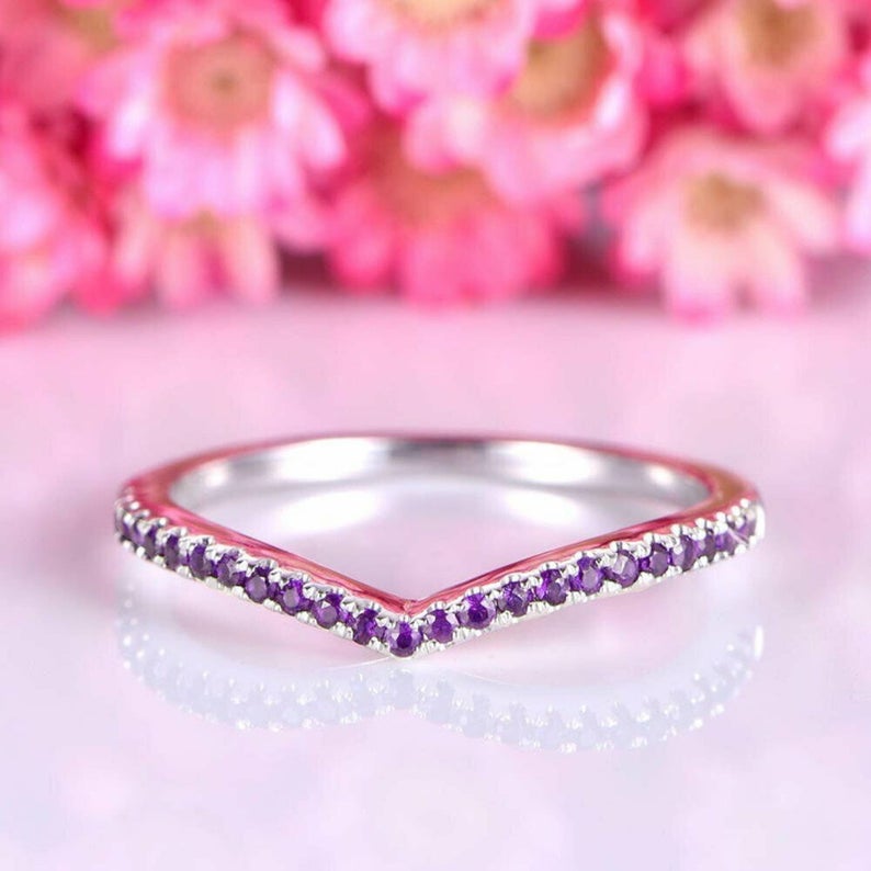1 CT Round Cut Amethyst Diamond 925 Sterling Silver Curved Half Eternity Wedding Band Ring