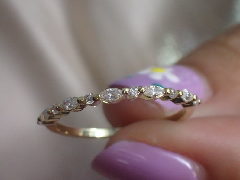1 CT Round and Marquise Diamond 925 Sterling Silver Half Eternity Wedding Band Ring