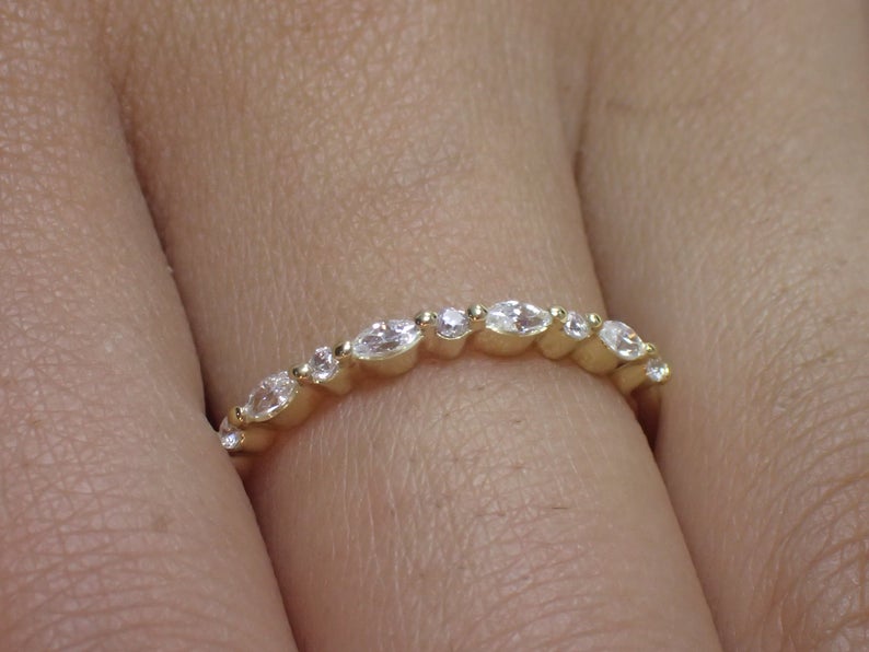 1 CT Round and Marquise Diamond 925 Sterling Silver Half Eternity Wedding Band Ring