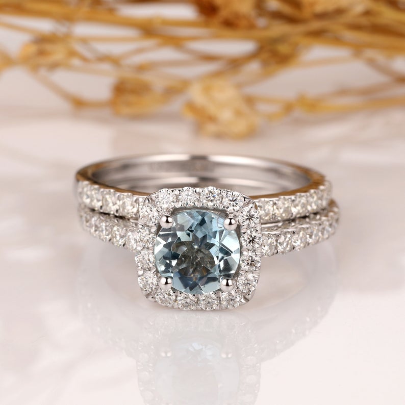1 CT Round Cut Aquamarine Diamond 925 Sterling Silver Wedding Bridal Set